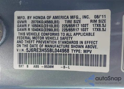 2011 Honda Cr-V Ex from USA, damaged, VIN 5J6RE3H55BL044968